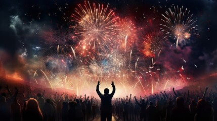 Fototapeta na wymiar New Year's theme: fireworks and a jubilant crowd