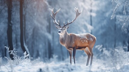 Naklejka na ściany i meble Mature male noble deer in a winter snow forest. Creative Christmas landscape in the winter.