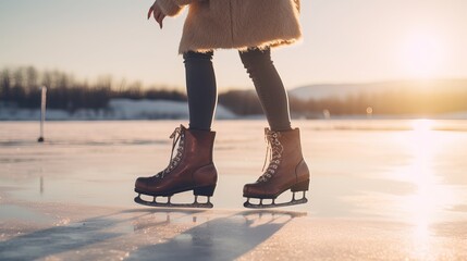 A woman is putting on ice skates by a frozen lake. a cropped picture of a female putting on her ice skates. - Powered by Adobe