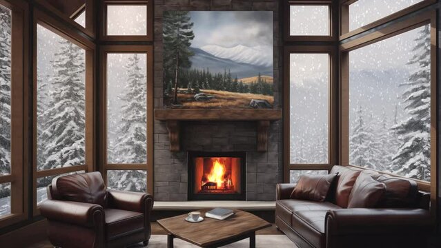 luxury living room with fireplace and relaxing snowy forest view