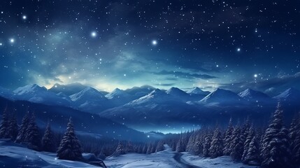 Gorgeous alpine and forest nightscape during the winter. Mountains blanketed in snow, woods, trees, snowdrifts, and a starry, cloud-filled night sky. Christmas Day.