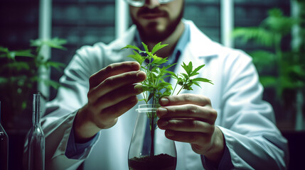 A man wearing a lab coat holding a plant. This image can be used to depict scientific research, botany, or environmental studies. - Powered by Adobe