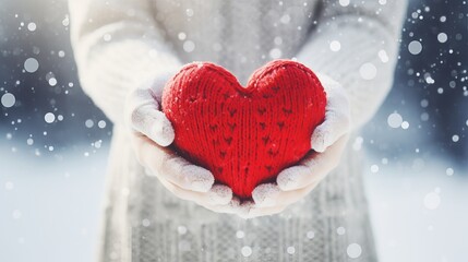 Hands of a woman wearing knit mittens with a snowy heart on a snowy background