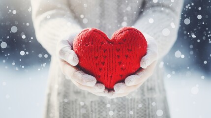 Fototapeta premium Hands of a woman wearing knit mittens with a snowy heart on a snowy background
