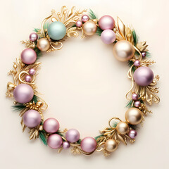 Christmas wreath  with romantic New Year decorations, with balls, flowers, on light background. 