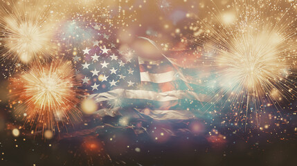 Obraz na płótnie Canvas Fireworks at New Year and copy space - abstract holiday background american flag