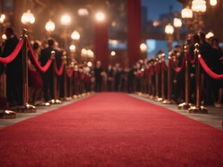 Red carpet rolling out in front of glamorous movie premiere background