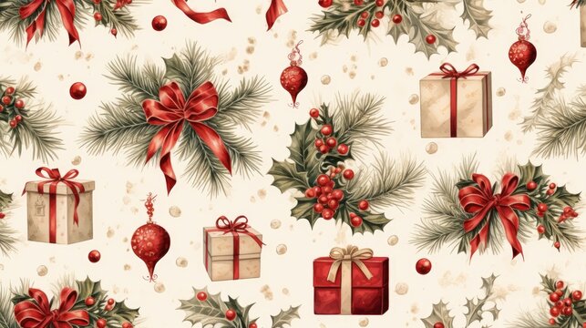 a background of vintage christmas gift wrapping paper, candles, ornaments, holly leave, generative AI