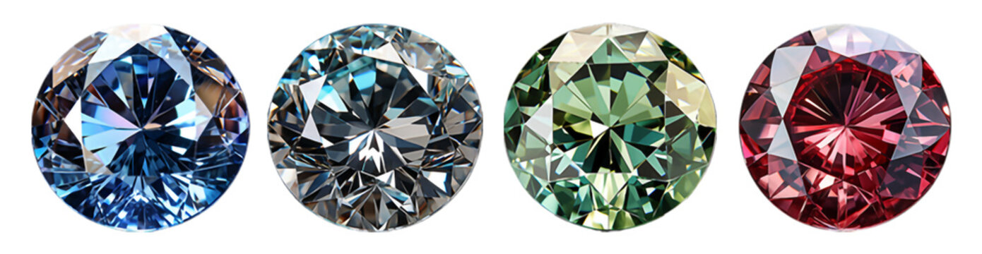 collection of round shaped diamond gems, isolated on transparent background, generative ai