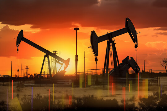 Oil drill rig and drilling derrick. Crude oil Pumpjack on oilfield on sunset. Fossil crude extraction. Global crude oil Prices, petroleum demand OPEC+. Oil prices on global market. Pump jack, oilfield