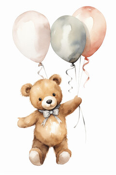 a watercolor cute teddy holds balloons, in the style of gray and beige, Generative AI