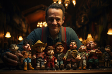 Fototapeta premium A jovial puppeteer manipulating colorful marionettes in a whimsical puppet show. Concept of puppetry and storytelling. Generative Ai.