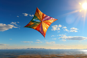 An imaginative kite flyer sending colorful kites soaring high in the clear blue sky. Concept of recreation and aviation. Generative Ai. - obrazy, fototapety, plakaty