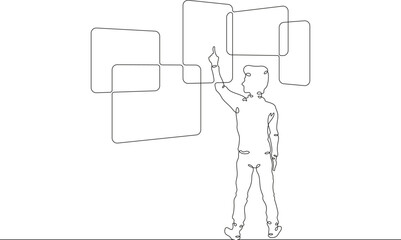 A child with large screens. Interactive monitors. The child touches the big screen. Many monitors. One continuous line drawing.Linear. Hand drawn,white background.