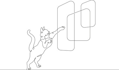 Cat in front of big screens. Interactive monitors. The cat touches the big screen. Many monitors.One continuous line drawing.Linear. Hand drawn,white background.