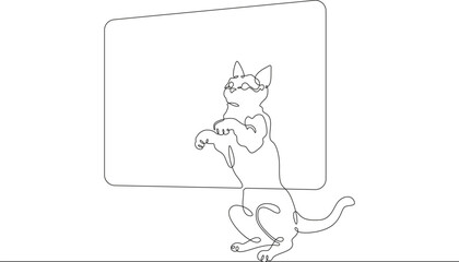 Cat in front of big screens. Interactive monitors. The cat touches the big screen. Many monitors.One continuous line drawing.Linear. Hand drawn,white background.