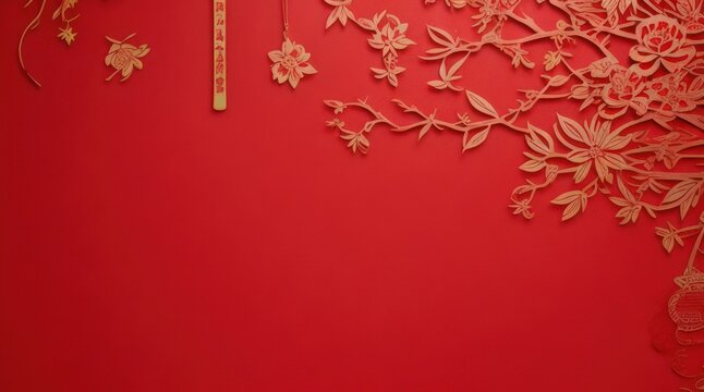 January 22, Chinese New Year, Spring Festival, red papercutart, golden drawings, place for text, banner