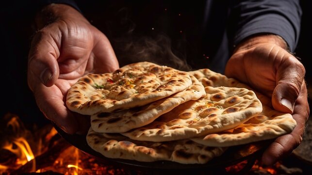 Freshly baked flatbread in man hands. AI generated