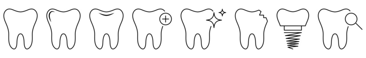 Tooth line icon set. Dentistry outline symbols. Vector illustration isolated on white background - obrazy, fototapety, plakaty