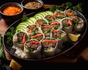 Gimbap or kimbap, korean stuffed rolls in plate, traditional asian food. Dark background, ai generated