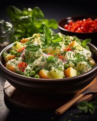 Potatoes salad in bowl on wooden table. AI generated