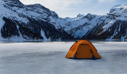 A Camp in the frozen lake surrounded with huge mountains and snow. Winter landscape