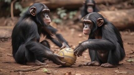 Chimpanzee monkeys playing with a soccer ball in a zoo. Wildlife concept with a copy space.