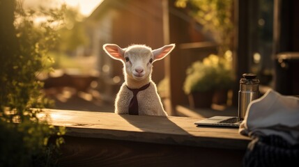 A lamb sitting on a wooden table next to a laptop. Generative AI.