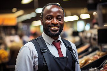 Obraz premium Supermarket seller posing smiling in the market. Cashier concept. Generative AI