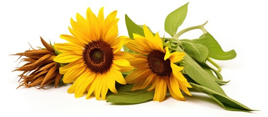 Freshly cut Texas wild sunflower stems with hairy stem and leaves isolated on white background featuring yellow ray and maroon disc florets