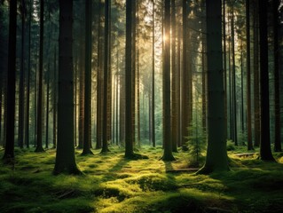 The sun is shining through the trees in the forest. Generative AI.