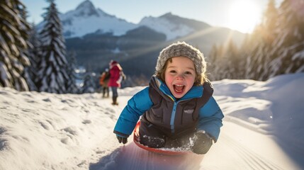 A little boy riding a slides down a snow-covered slope. Generative AI. - obrazy, fototapety, plakaty