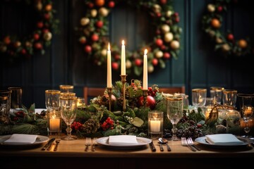 A table set for a holiday dinner with candles and greenery. Generative AI.