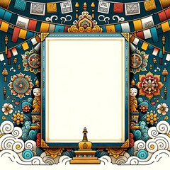 Poster layout template featuring Tibetan cultural symbols, such as prayer flags and mandalas, frame the borders. - obrazy, fototapety, plakaty