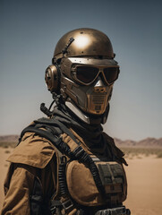 Soldier with metal mask, helmet and glasses in the desert.
