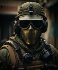 Soldier with military hat, metal mask and glasses. - obrazy, fototapety, plakaty