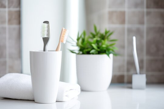 Two toothbrushes in a white holder on a marble bathroom counter.