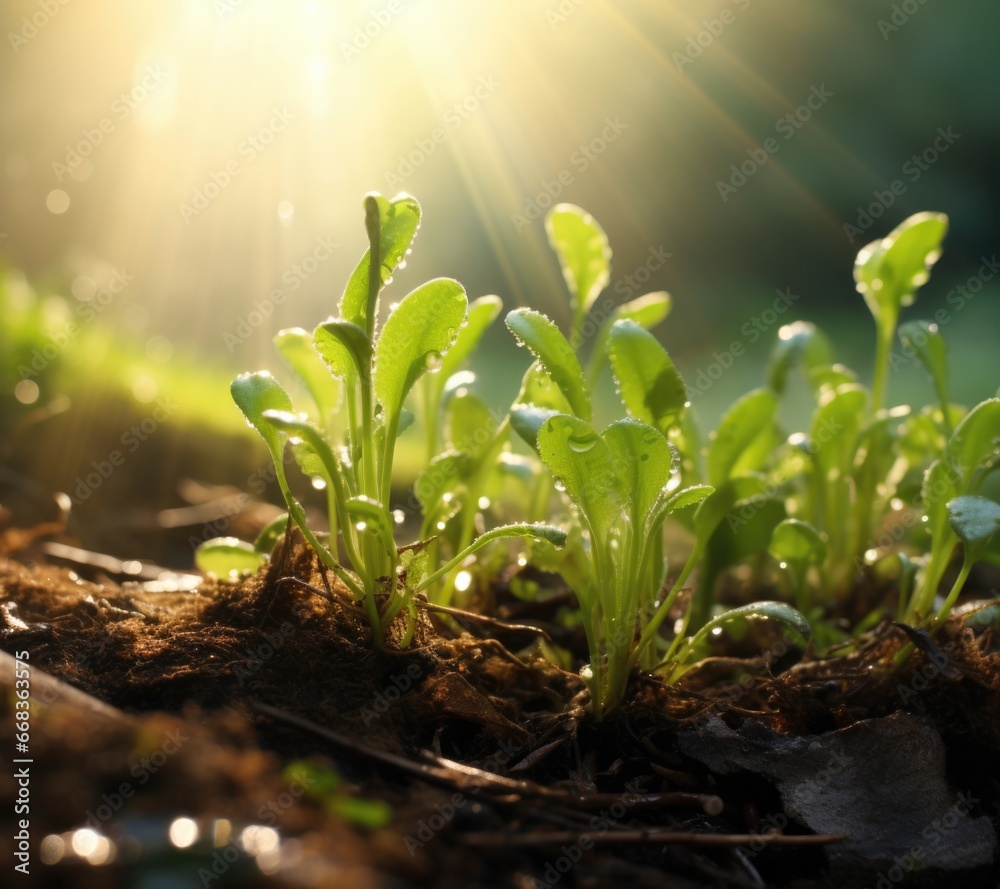 Poster A close-up of a bunch of small sprout plants. Generative AI.