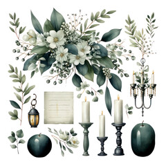 Scandinavian Watercolor Wedding Ornaments with Delicate Green and White Leaves and Flowers on Transparent Background