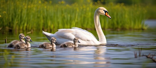 Fototapeta premium Springtime swan family with offspring