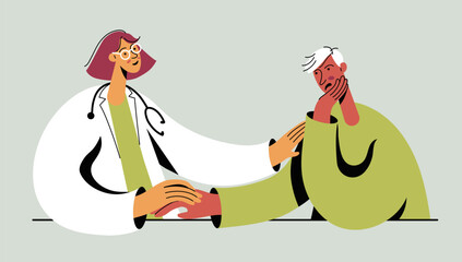 Female medic support sad patient, saying bad news. Doctor taking care of patient health.