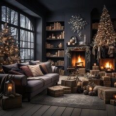 Fototapeta premium Cozy Christmas Night by the Fireplace: Embracing Warmth and Comfort in the Living Room