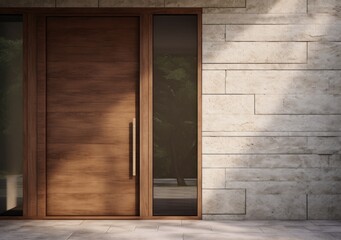 A wooden front door with a glass window. Generative AI.