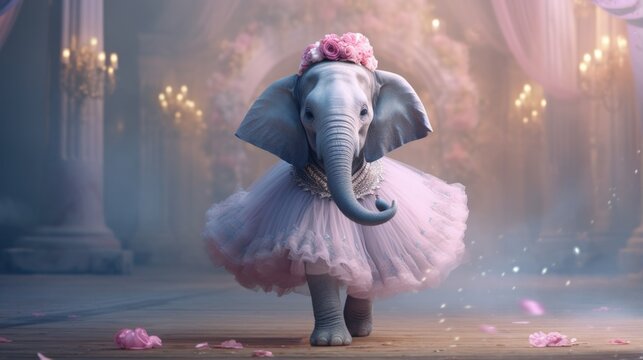An elephant is in a pink tutu and a flower crown. Generative AI.