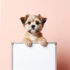 a cute dog holding with blank white board on pastel background. ai generative