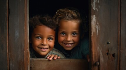 Two young children peeking out of a wooden door. Generative AI.