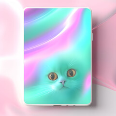 Smartphone, or tablet, with new futuristic pastel colorful background and portrait of little cat with big sweet eyes on screen.	