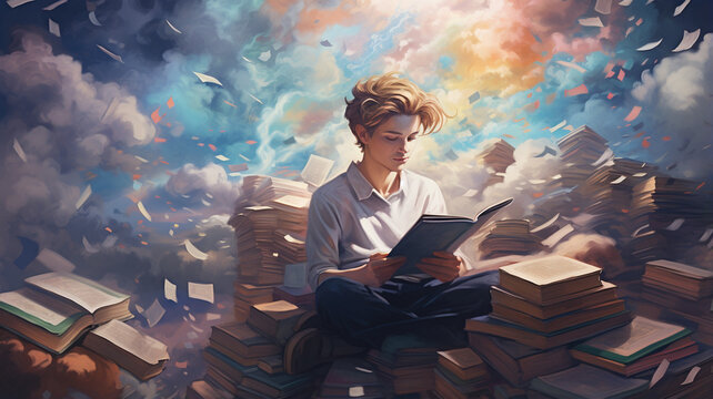 A young man sits and reads books on the clouds