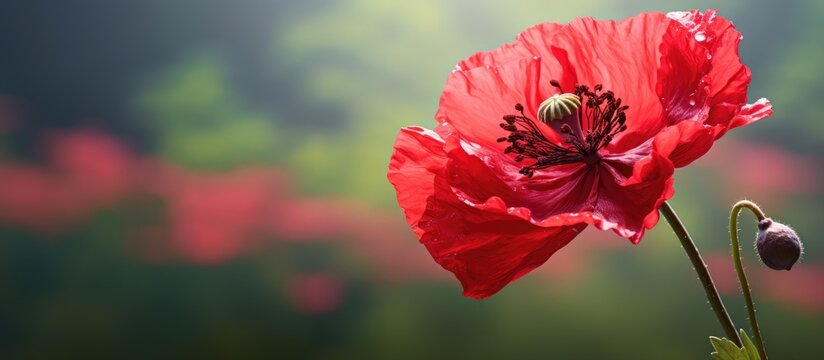 Close up image of opium poppy with blurred background
