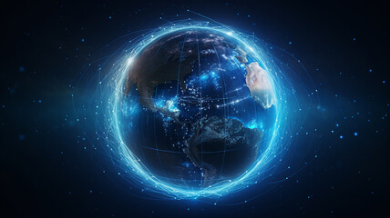earth globe with glowing lines and dots on dark background